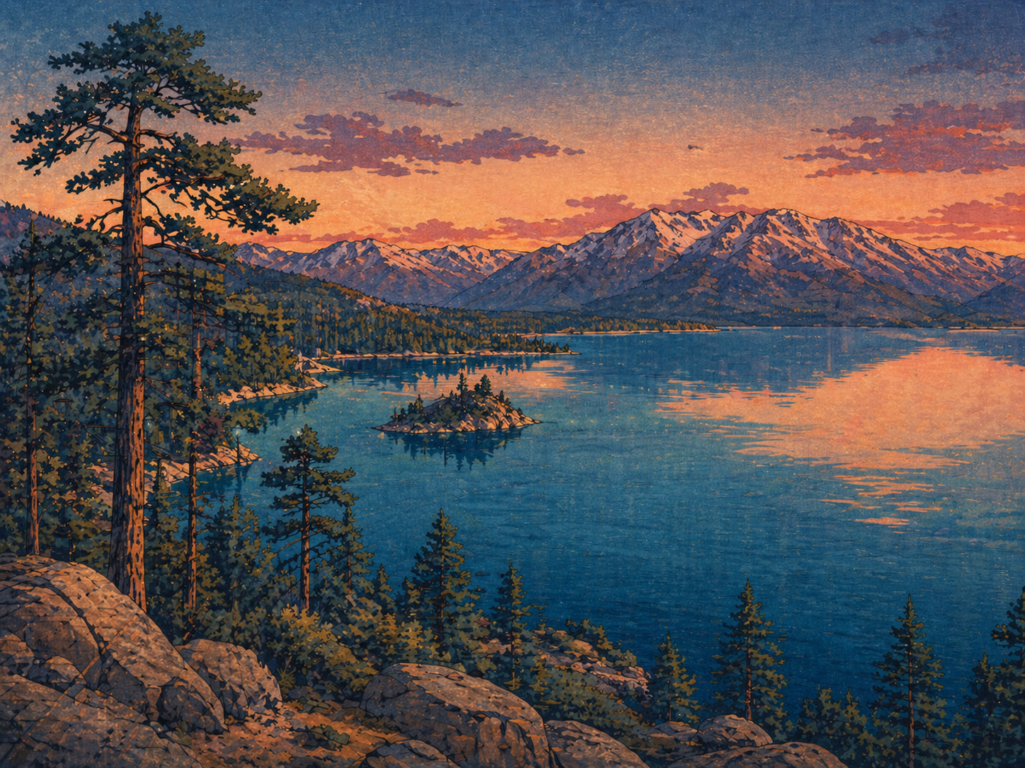 Lake Tahoeの青い水と山並み