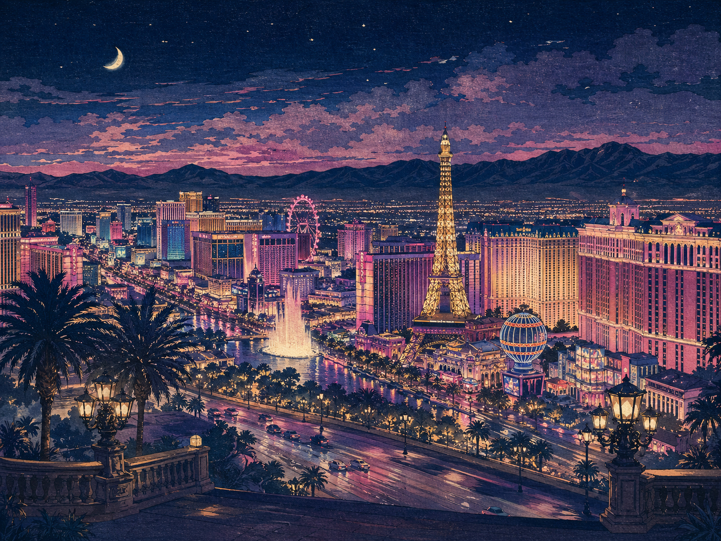 ラスベガスのネオン夜景と砂漠の夜空