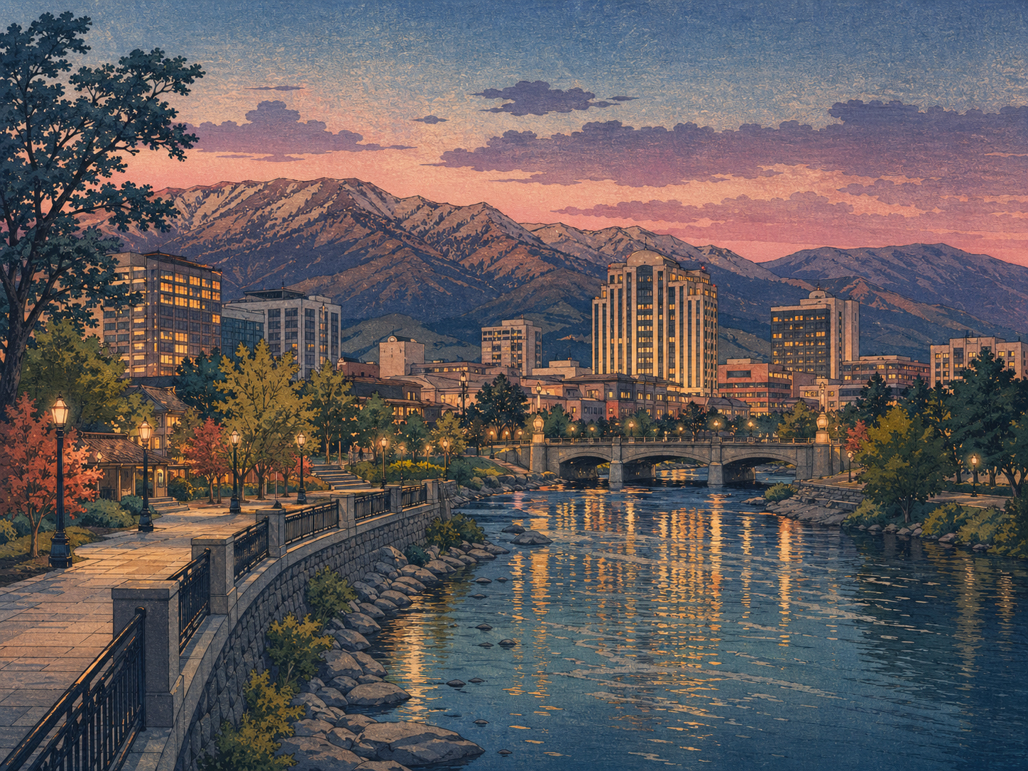 Renoの川沿いと山並み、夕方の街灯が灯るネバダ北部の都市風景