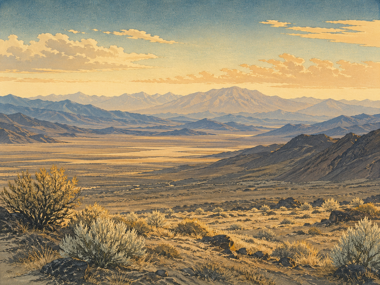 ネバダの盆地と山脈、遠近感のある乾いた光