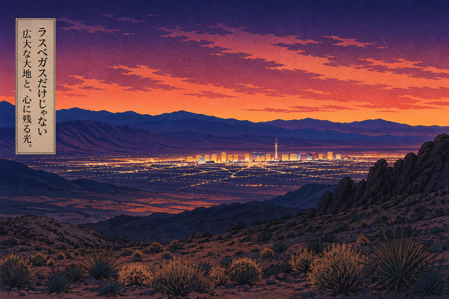 ラスベガスの光と砂漠の広がりを対比するネバダ特集イメージ