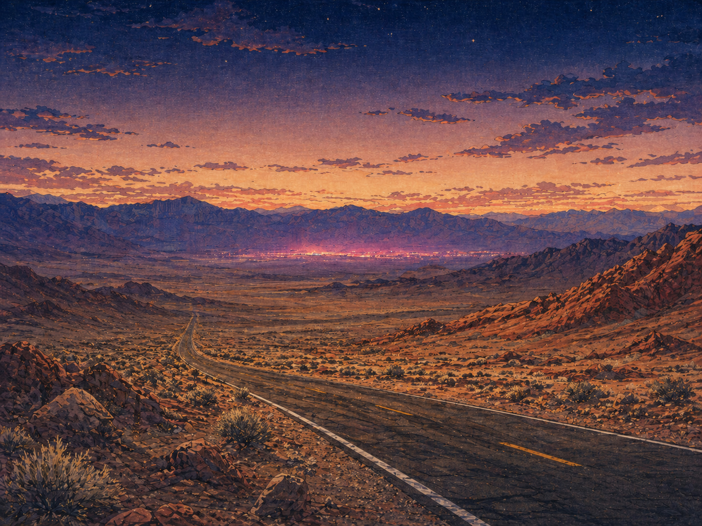砂漠の道と山脈、遠くにネオンの記憶が残るネバダの夕景