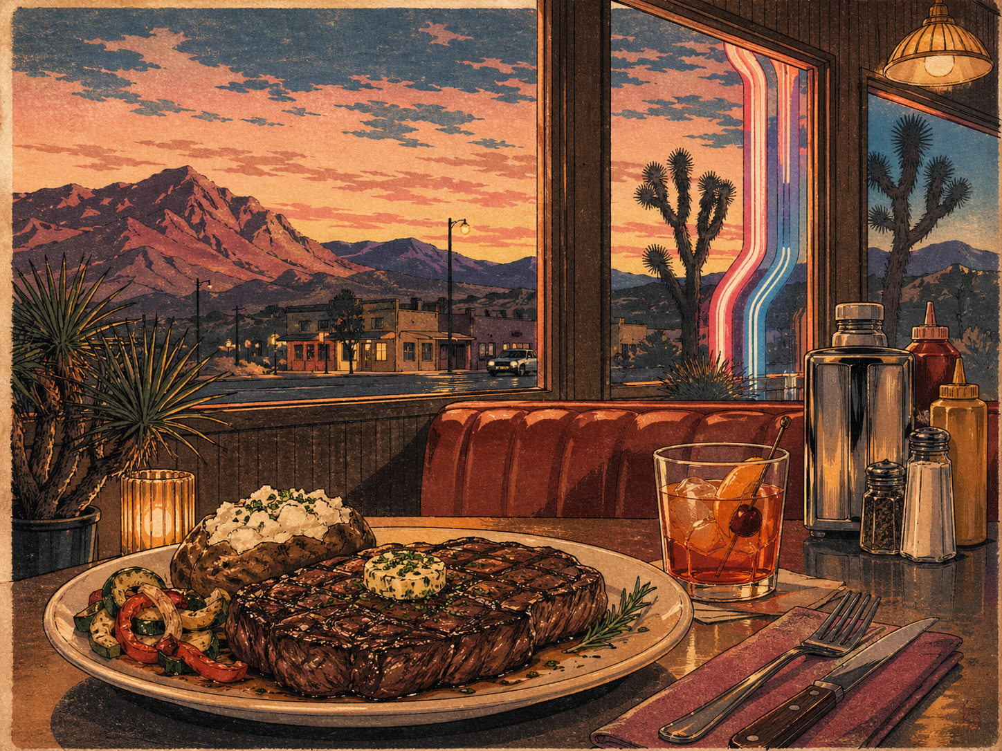 ネバダのダイナー、ステーキ、カクテル、砂漠町の食のイメージ
