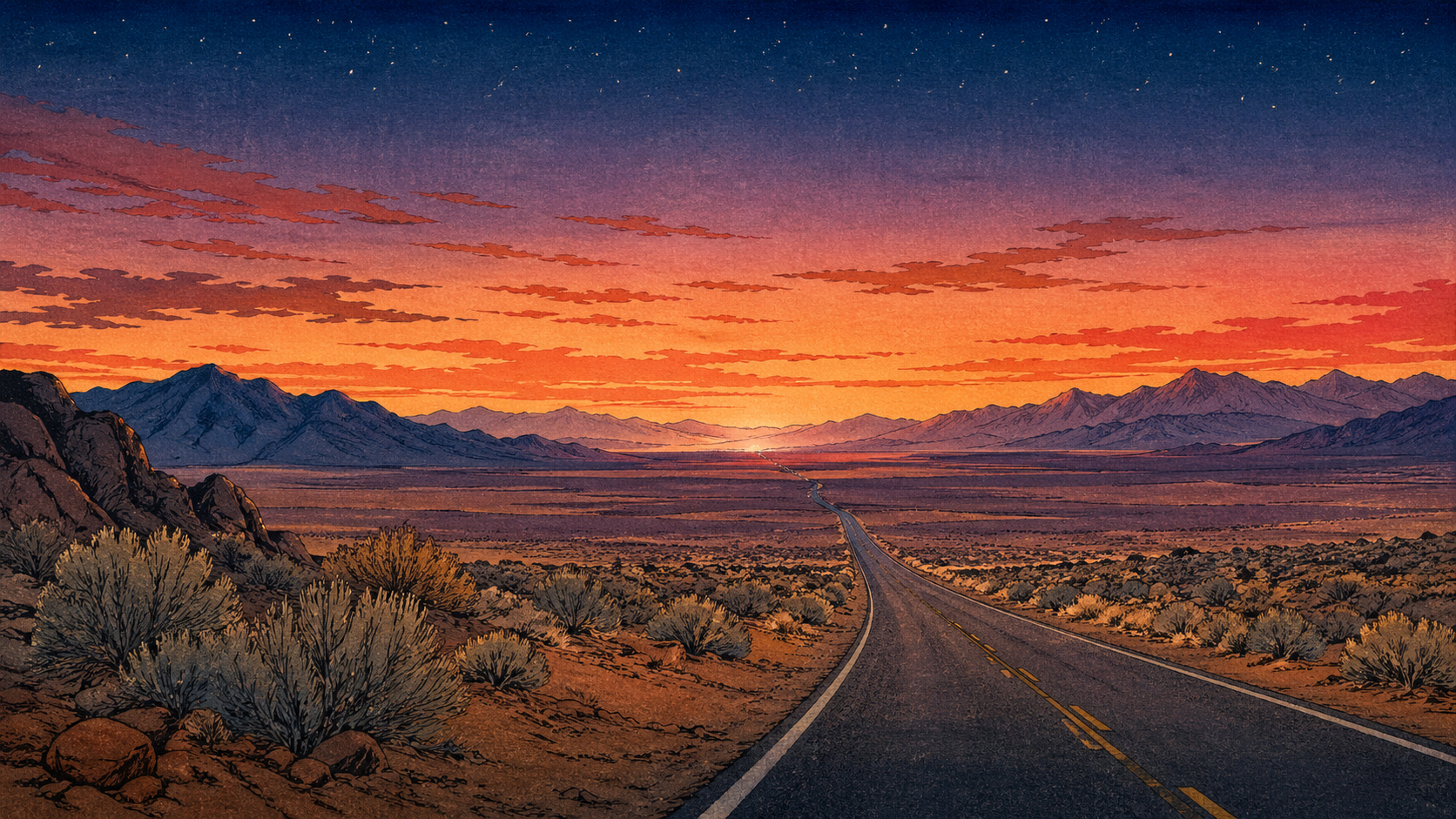 ネバダの砂漠をまっすぐ走る道、遠くの山脈、夕暮れの空にラスベガスの光を思わせる色がにじむ風景