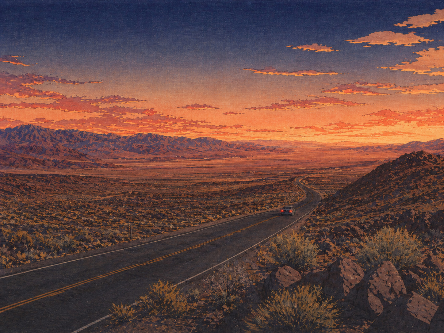 夕暮れのネバダの道を走る車と遠くの山