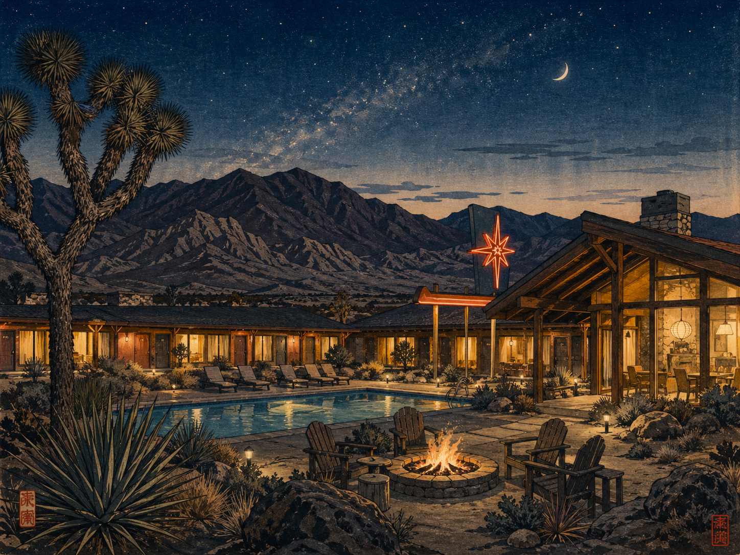 ネバダのリゾート、モーテル、ロッジ、砂漠の夜の宿泊イメージ