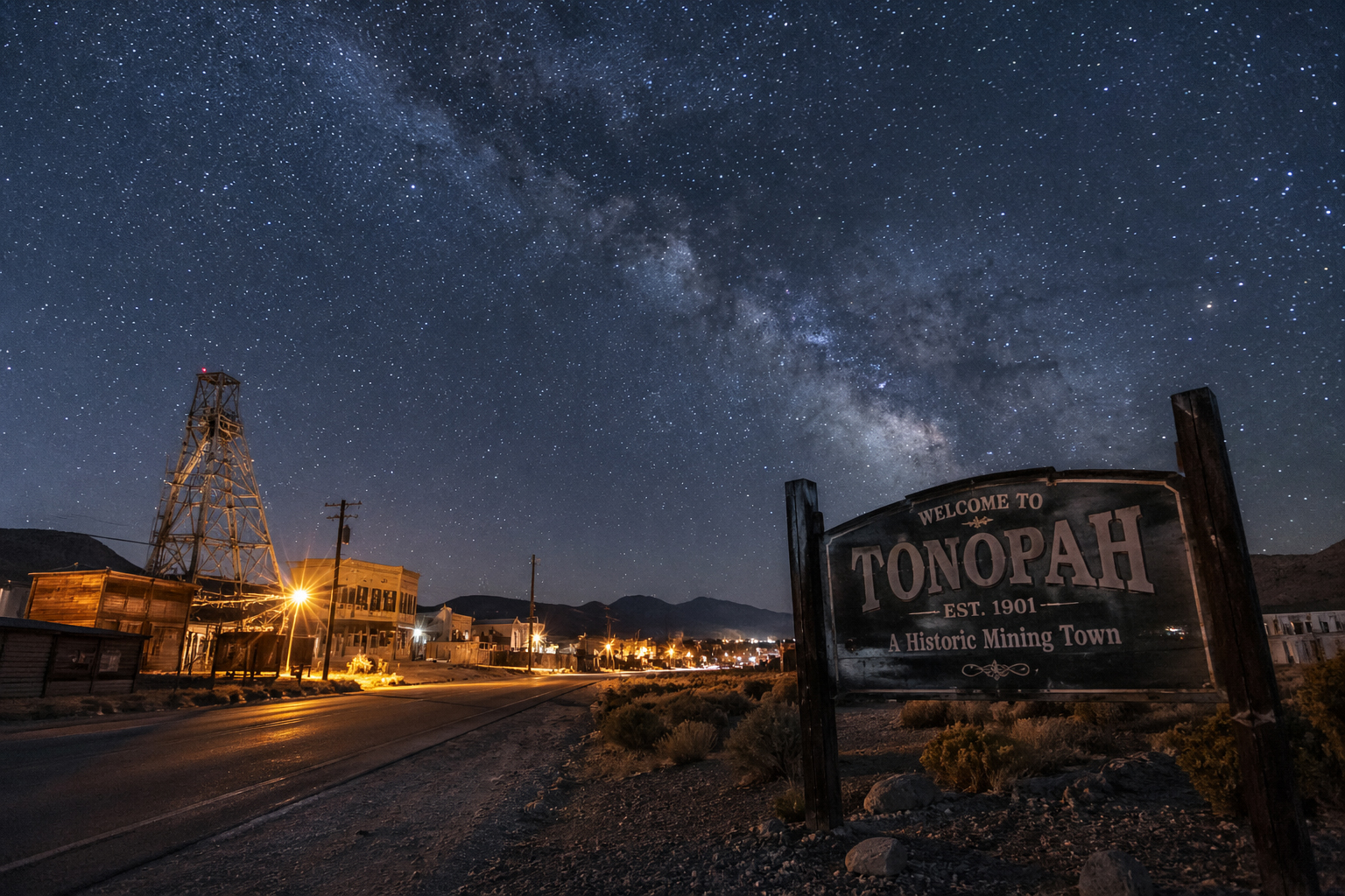 Tonopahの古い鉱山町と星空